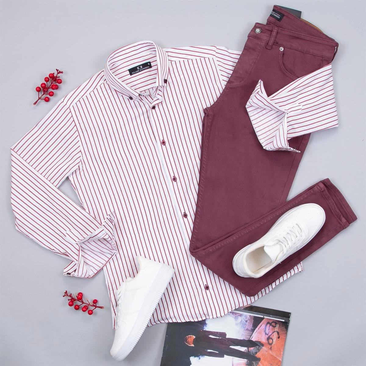 Çizgili Bordo Gömlek Pantolon Ayakkabı Kombin