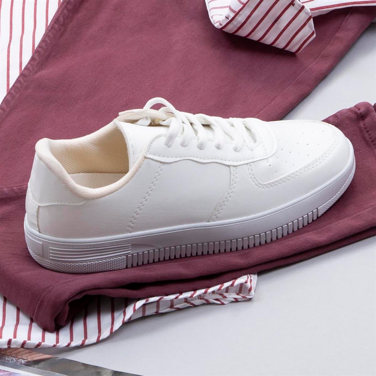 Çizgili Bordo Gömlek Pantolon Ayakkabı Kombin