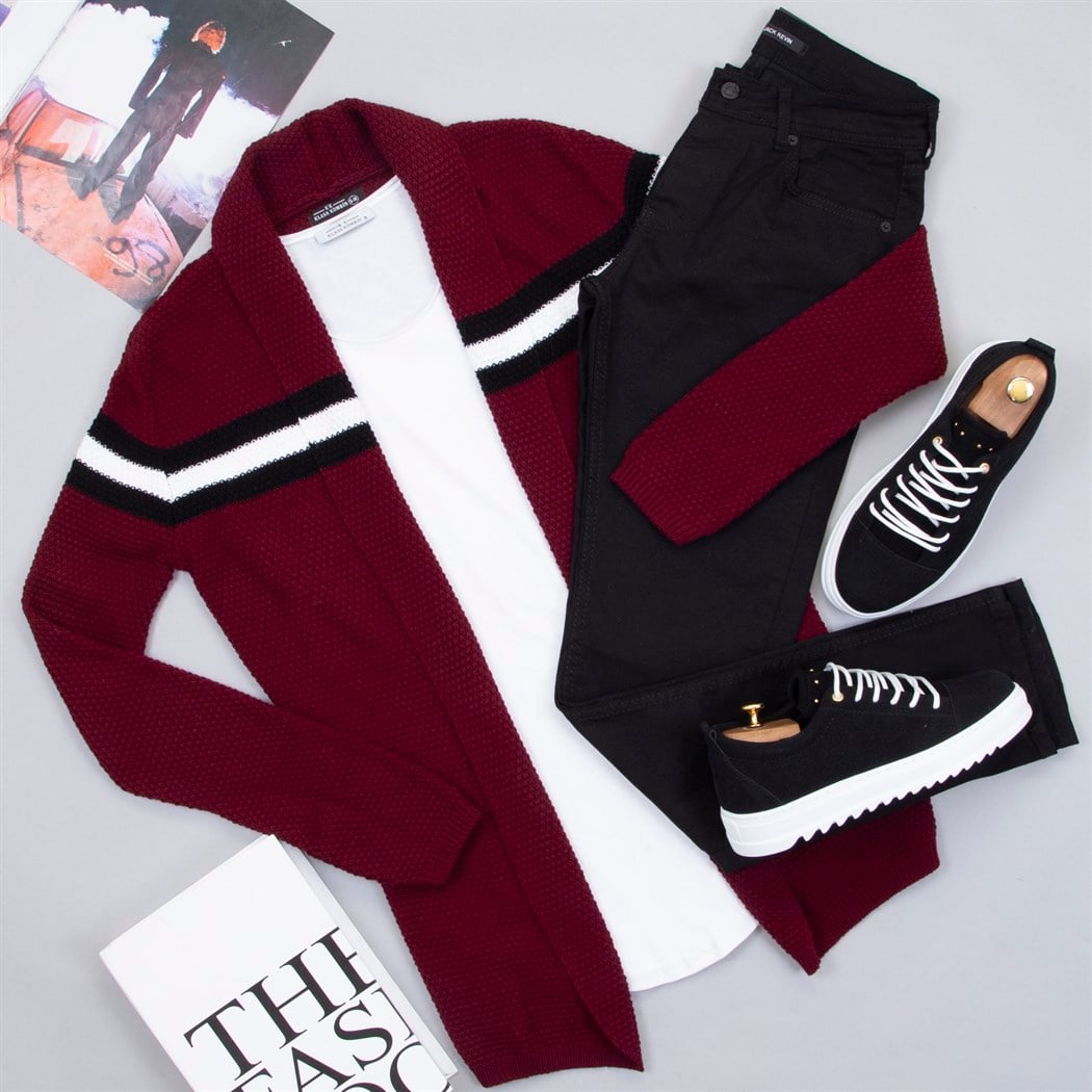 Çizgili Bordo Hırka Tişört Pantolon Ayakkabı Kombin
