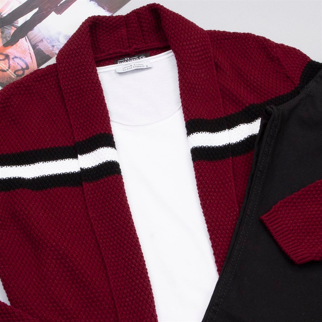 Çizgili Bordo Hırka Tişört Pantolon Ayakkabı Kombin