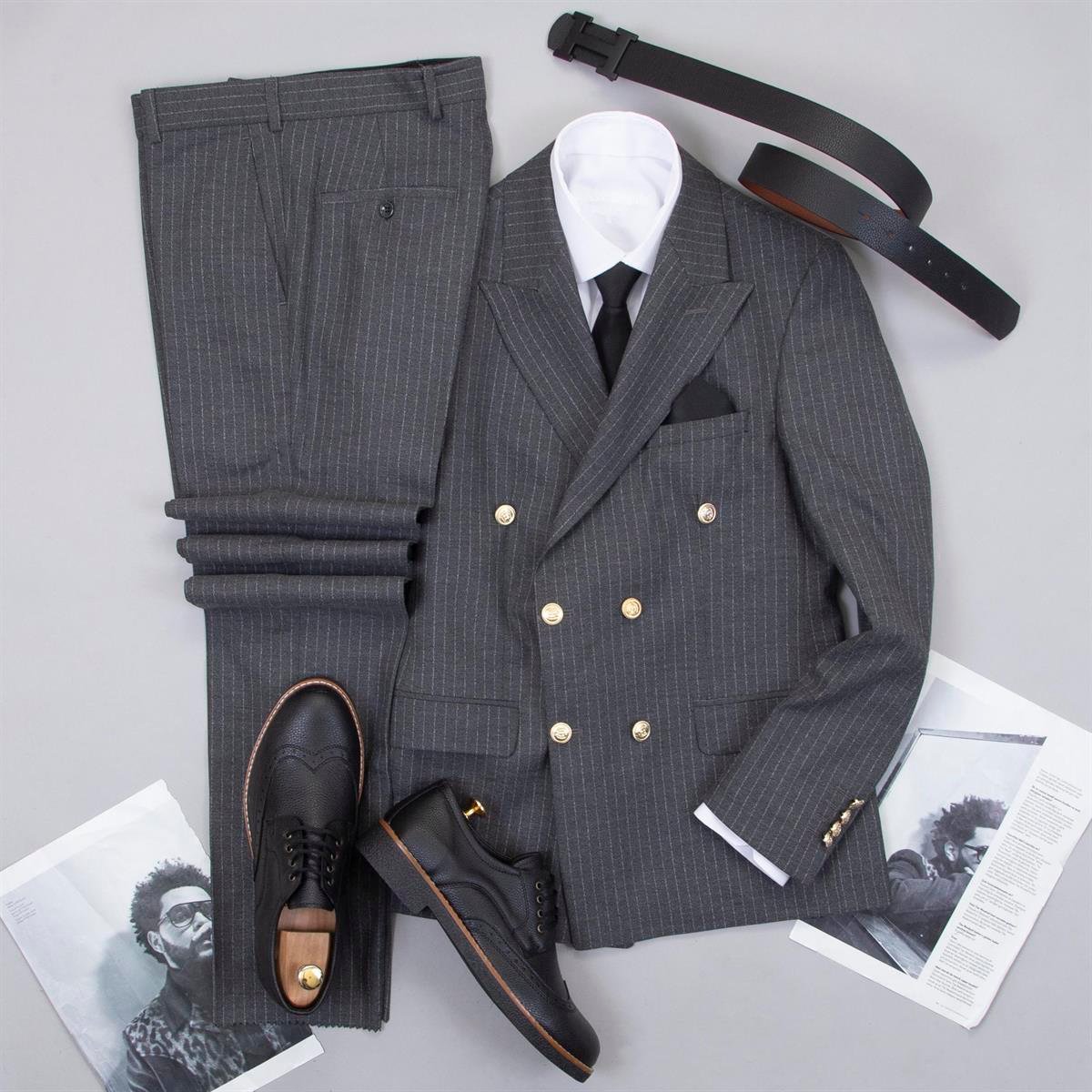 Çizgili Füme Kruvaze Takım Elbise Kombini