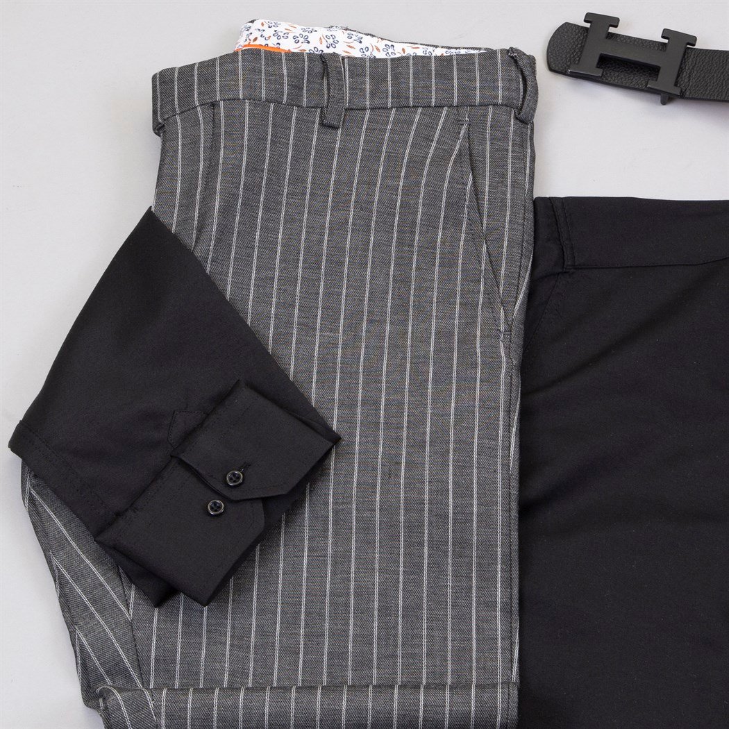 Çizgili Füme Pantolon Gömlek Ayakkabı Kombin