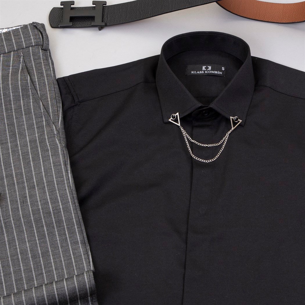 Çizgili Füme Pantolon Gömlek Ayakkabı Kombin