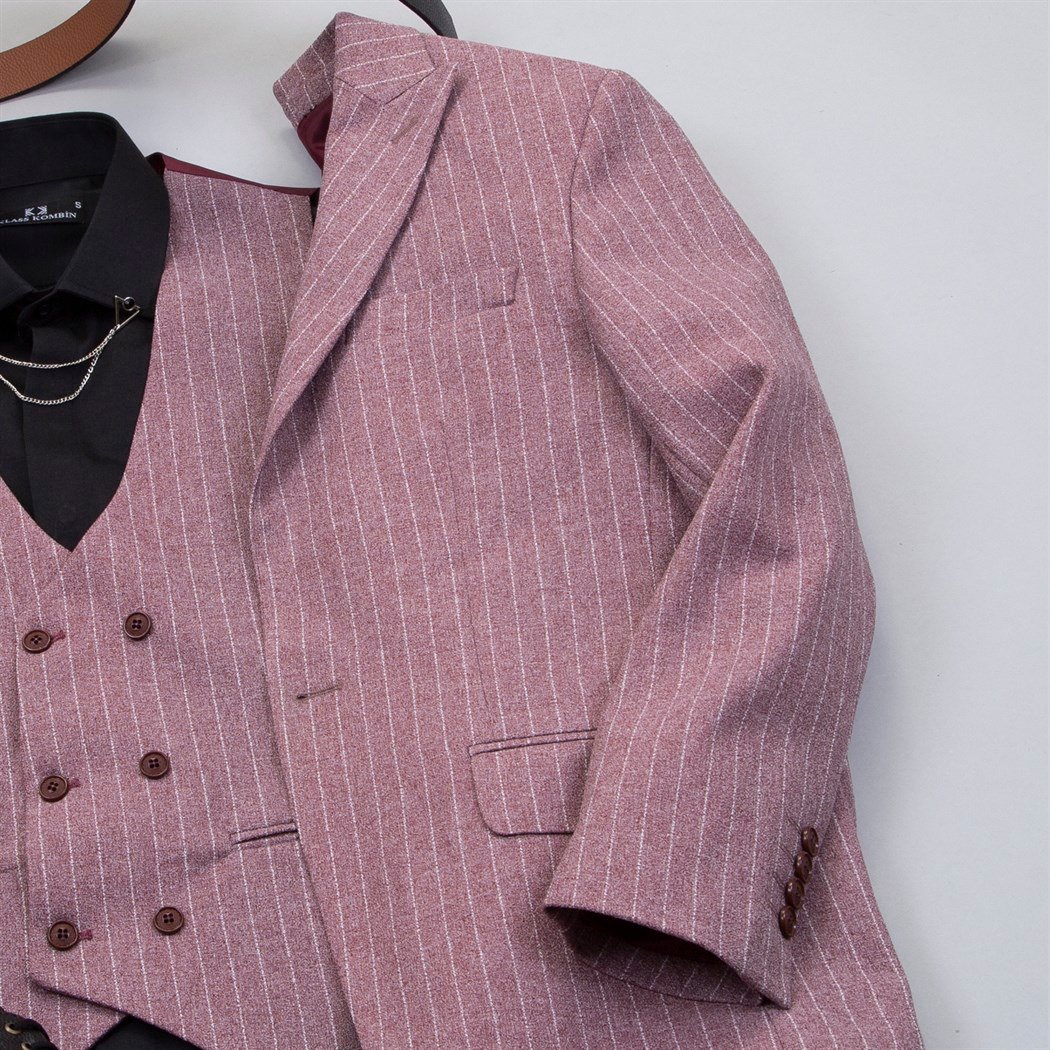 Çizgili Gül Kurusu Takım Elbise Kombini