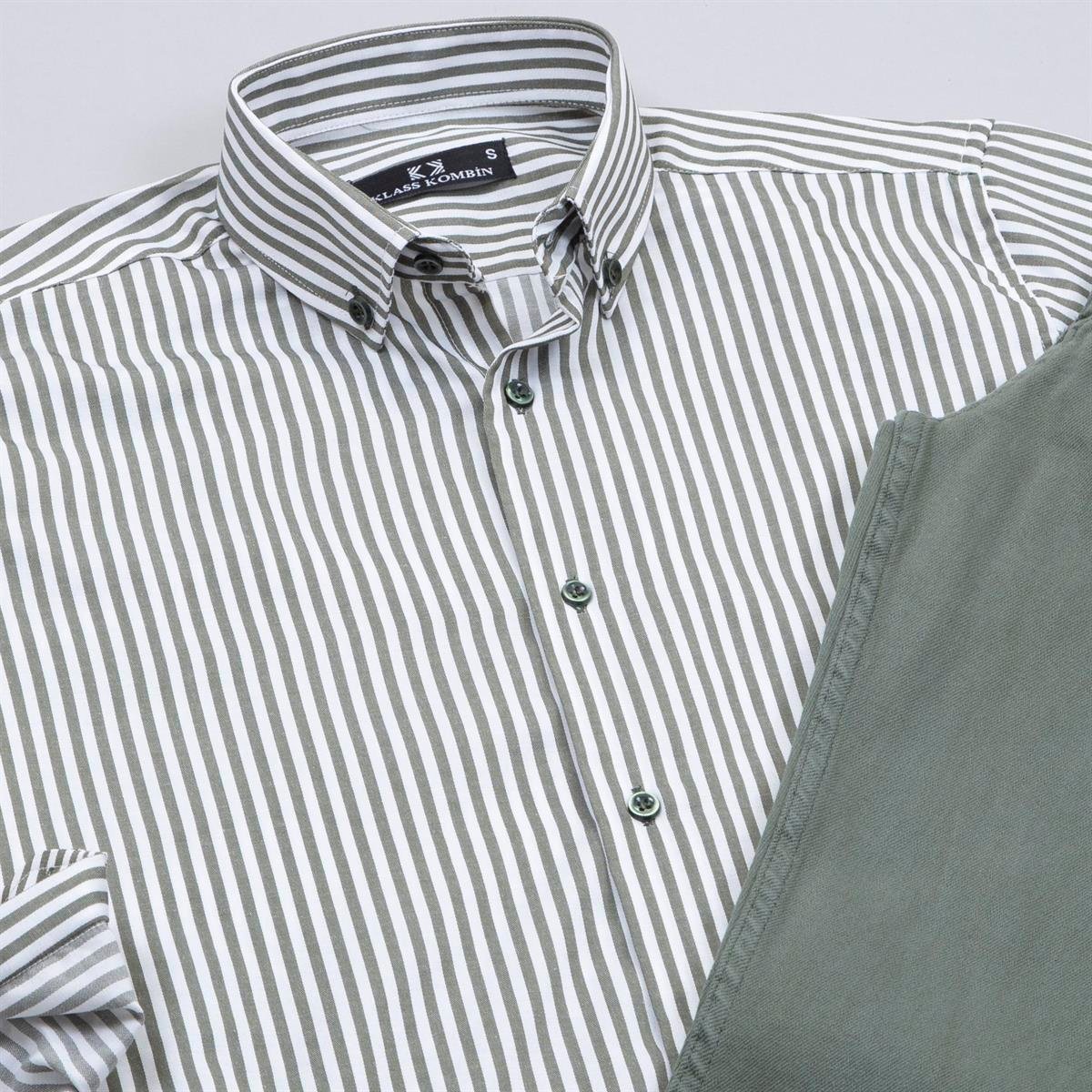 Çizgili Haki Gömlek Pantolon Ayakkabı Kombin