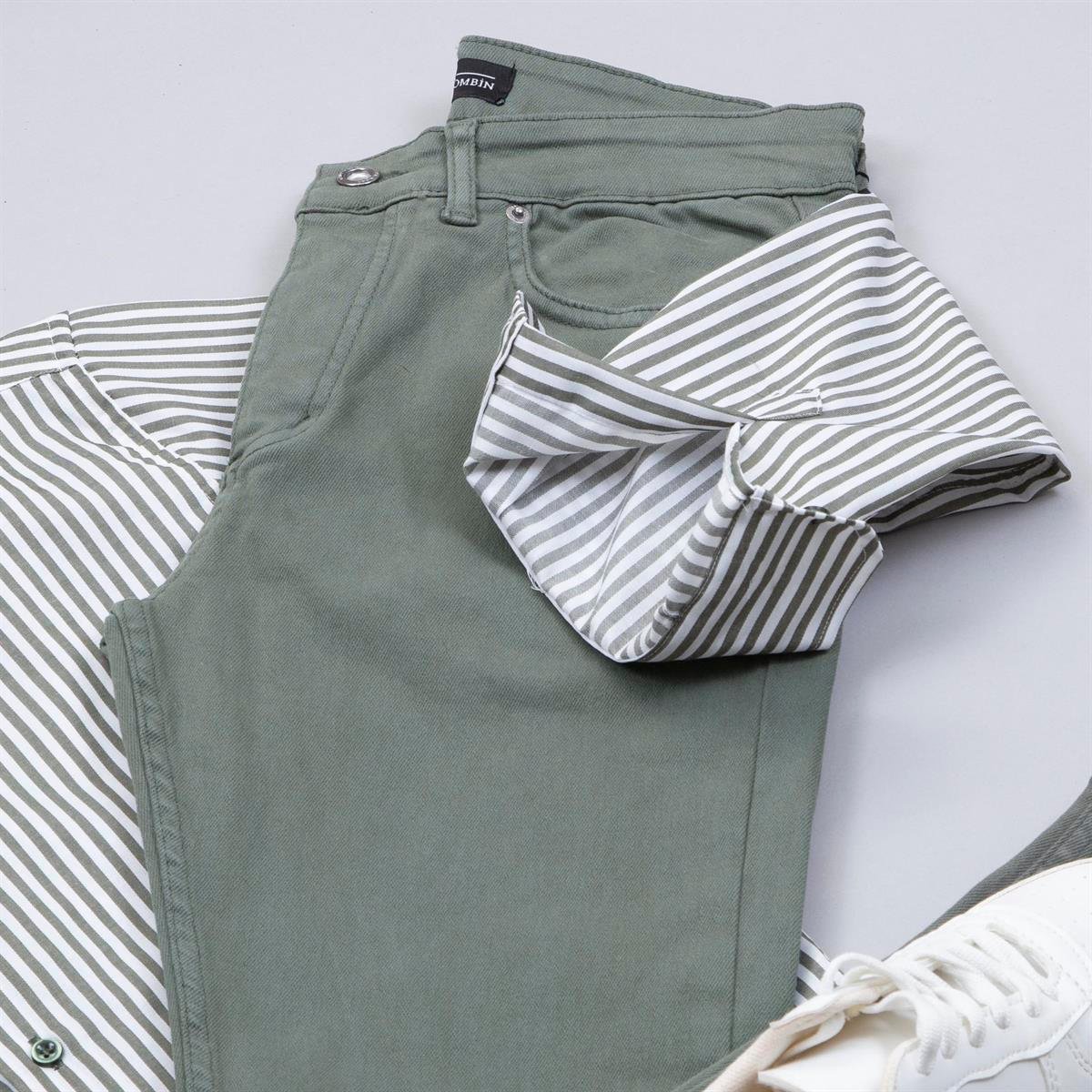 Çizgili Haki Gömlek Pantolon Ayakkabı Kombin