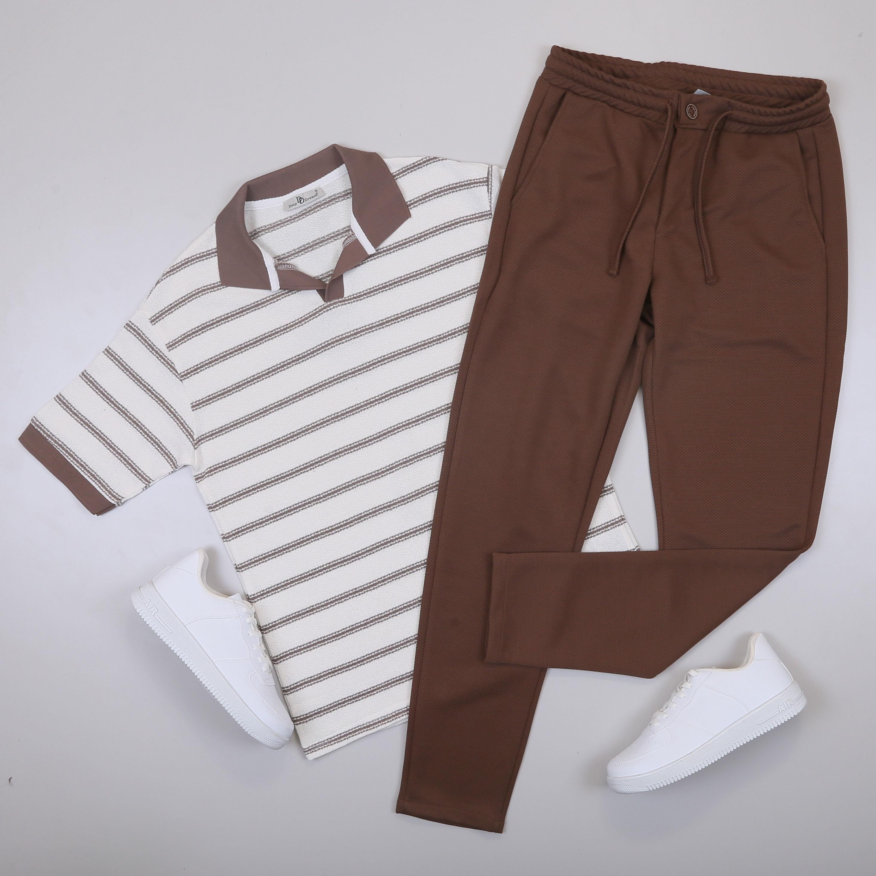 Çizgili Kahve Triko Polo Yaka Tişört Pantolon Ayakkabı Kombin