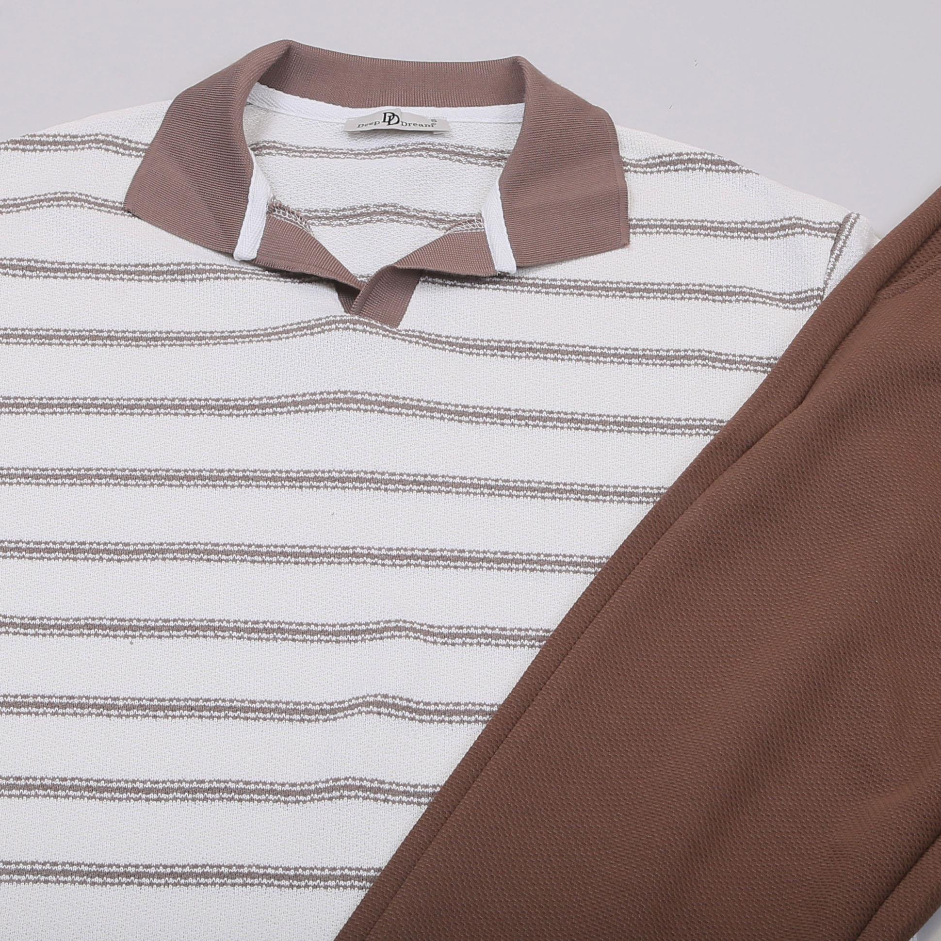 Çizgili Kahve Triko Polo Yaka Tişört Pantolon Ayakkabı Kombin