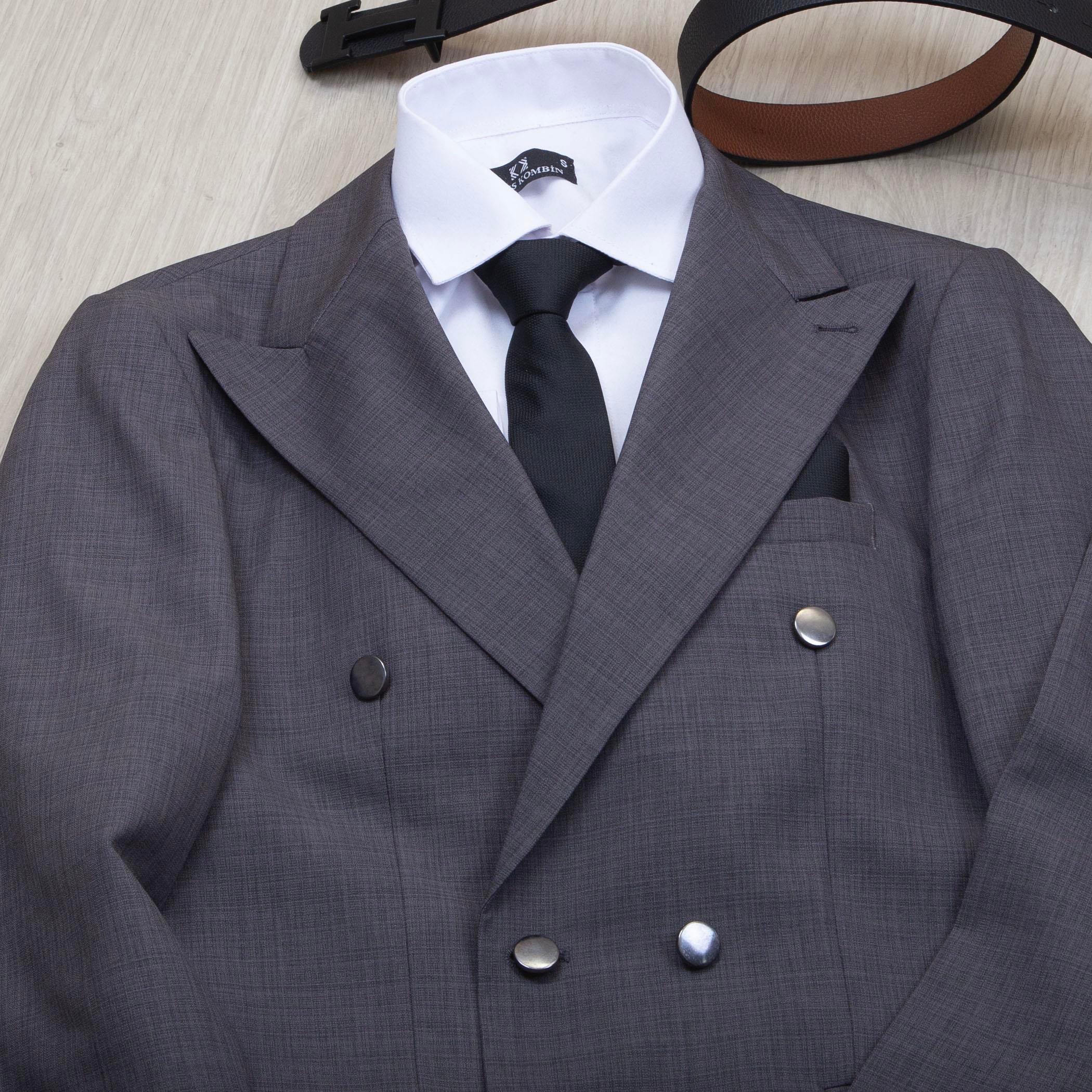 Çizgili Koyu Gri Kruvaze Takım Elbise Kombini