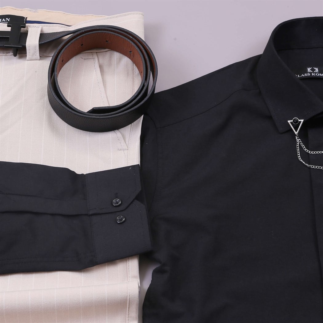 Çizgili Kumaş Pantolon Siyah Gömlek Ayakkabı Kombin