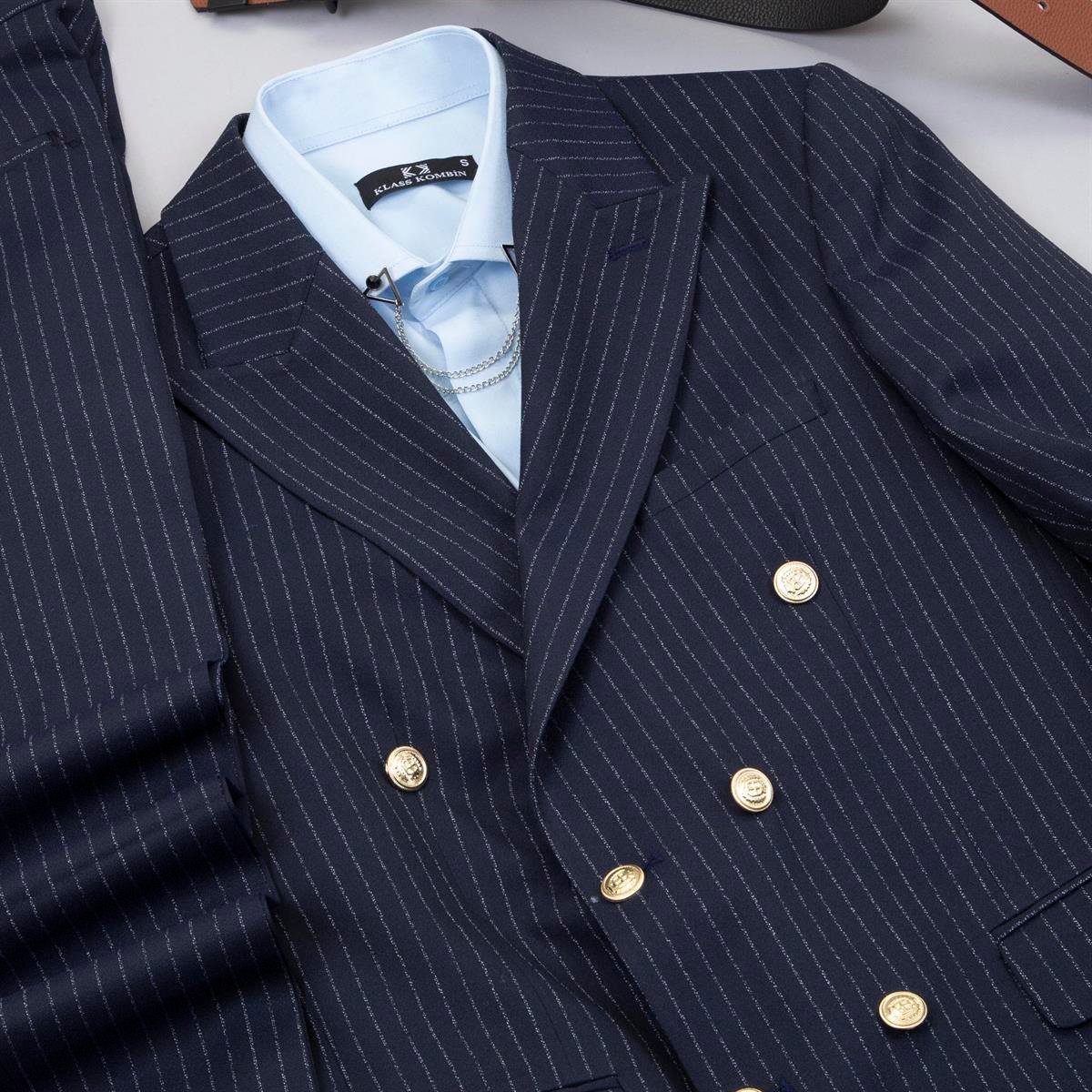 Çizgili Lacivert Kruvaze Takım Elbise Kombini