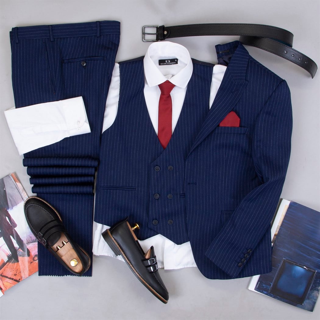 Çizgili Lacivert Takım Elbise Kombini