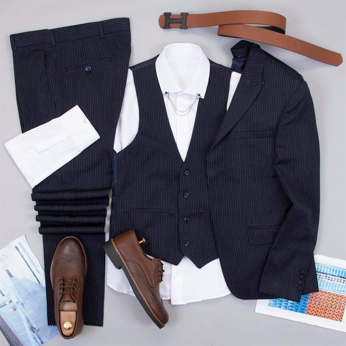 Çizgili Lacivert Takım Elbise Kombini