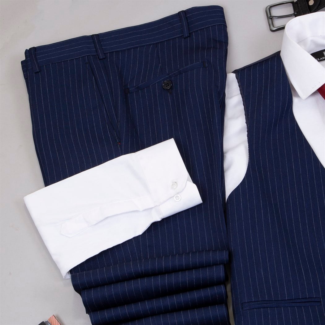 Çizgili Lacivert Takım Elbise Kombini