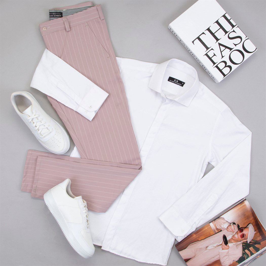Çizgili Pudra Pantolon Beyaz Gömlek Ayakkabı Kombin