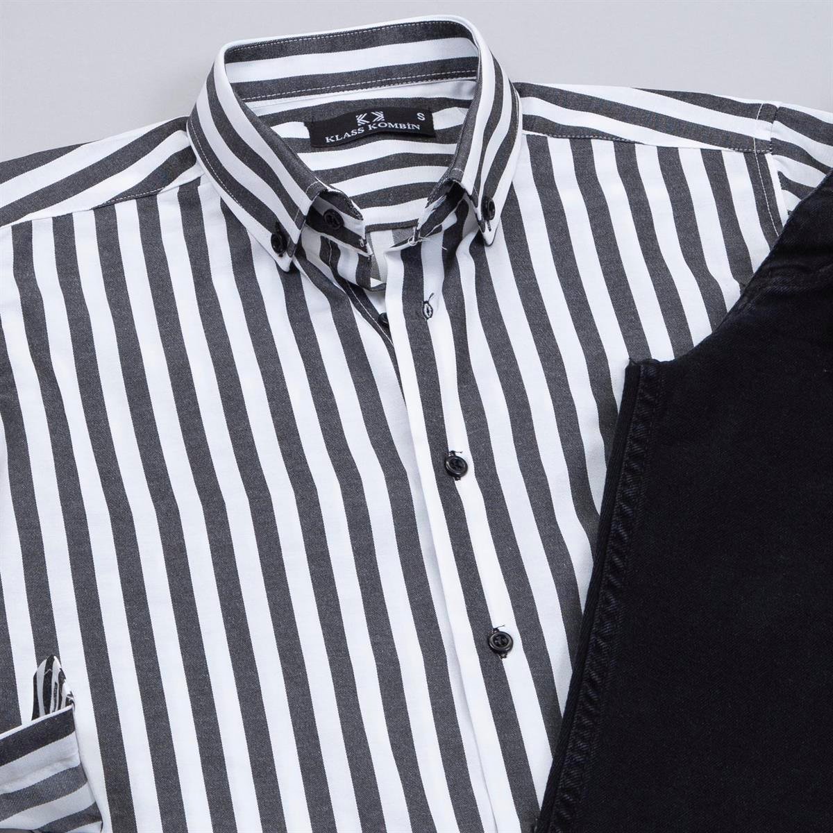 Çizgili Siyah Gömlek Pantolon Ayakkabı Kombin