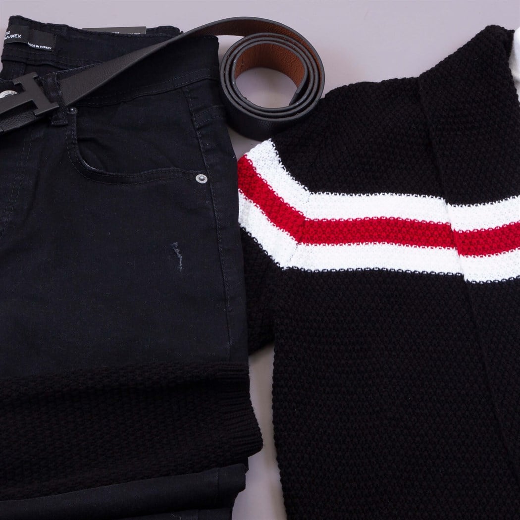 Çizgili Siyah Hırka Kazak Pantolon  Ayakkabı Kombin