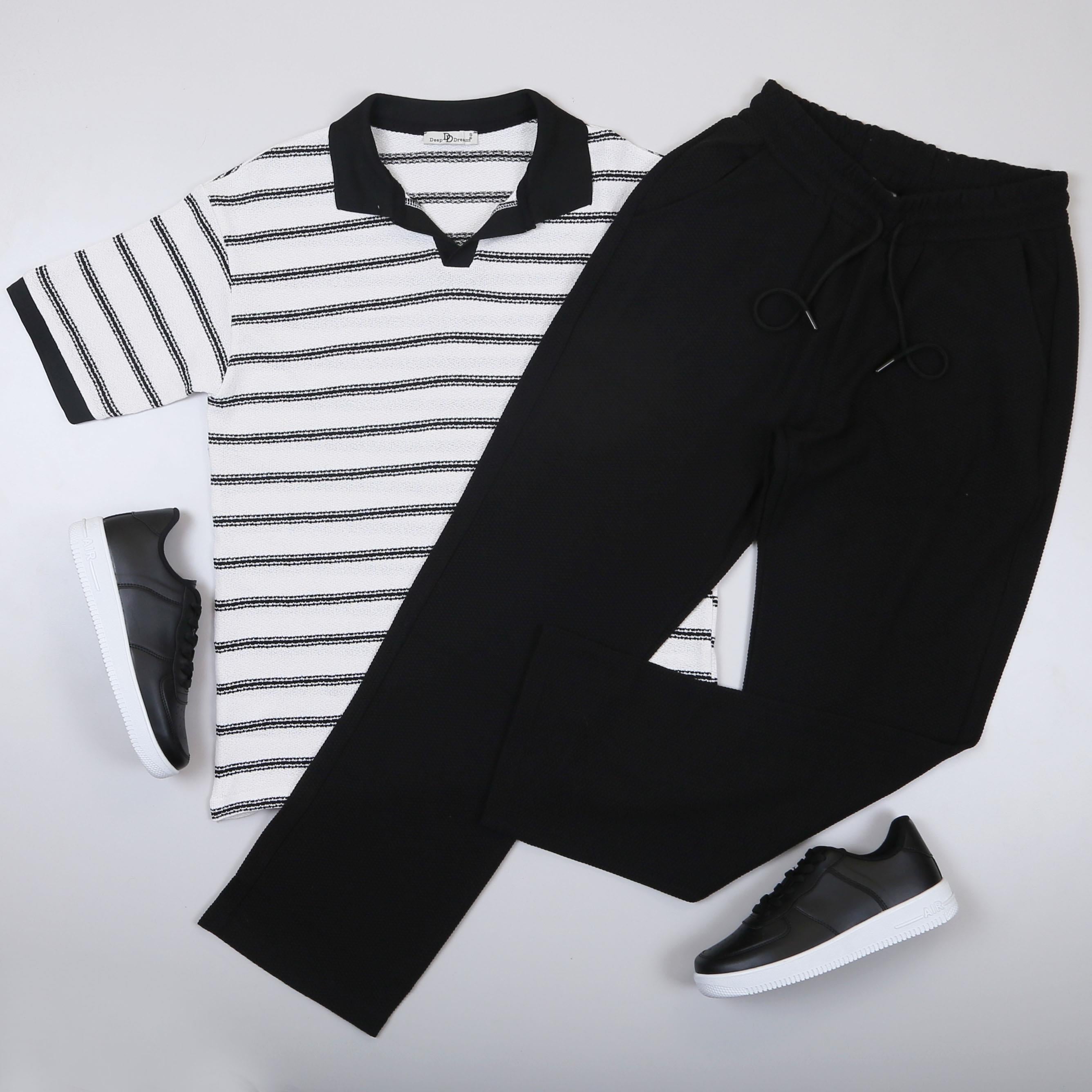 Çizgili Siyah Triko Polo Yaka Tişört Pantolon Ayakkabı Kombin