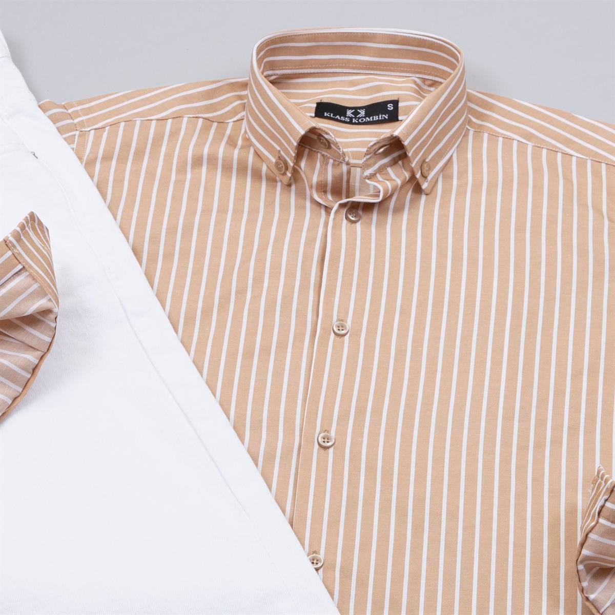 Çizgili Taba Gömlek Pantolon Ayakkabı Kombin