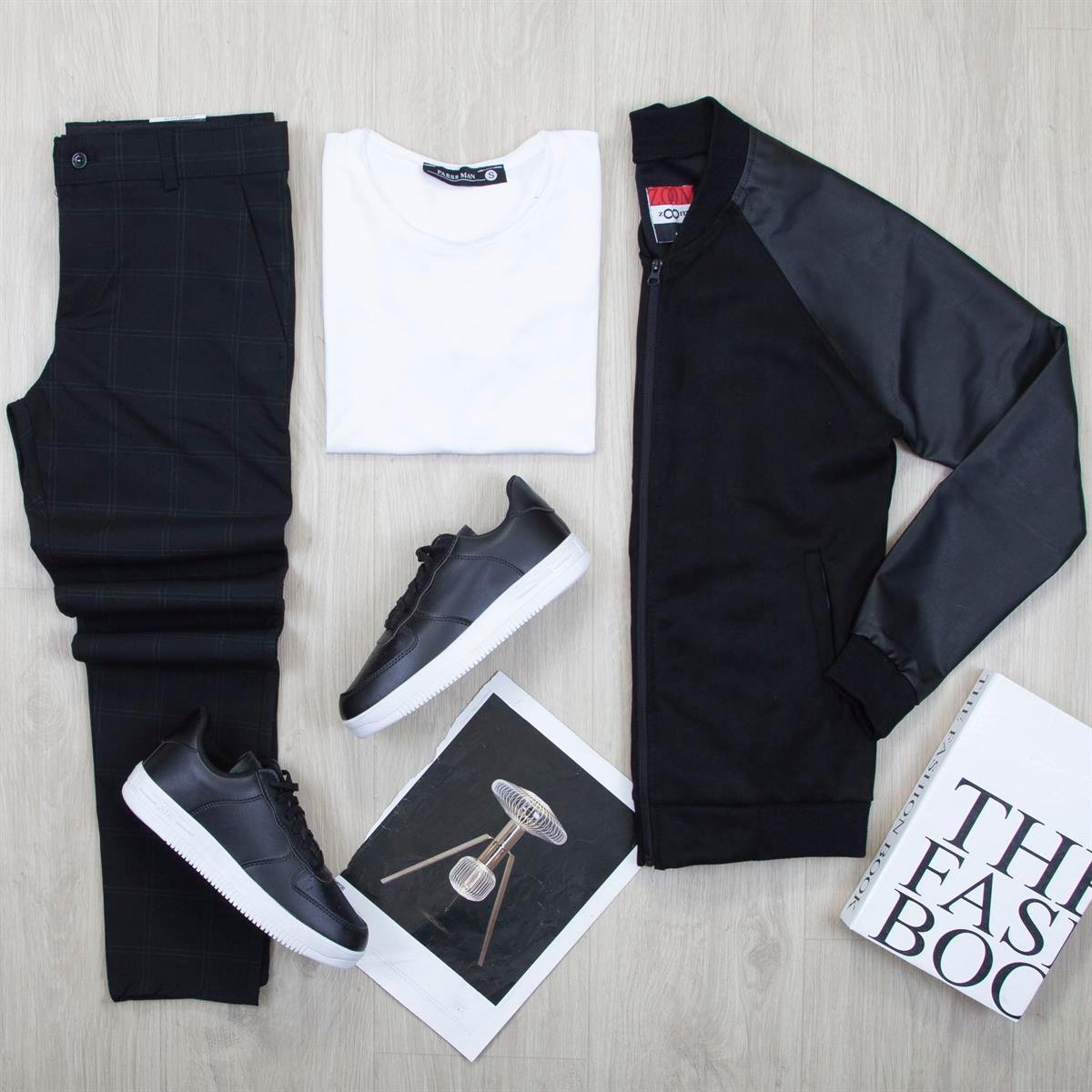 Deri Detaylı Siyah Nubuk Ceket Tişört Pantolon Ayakkabı Kombin