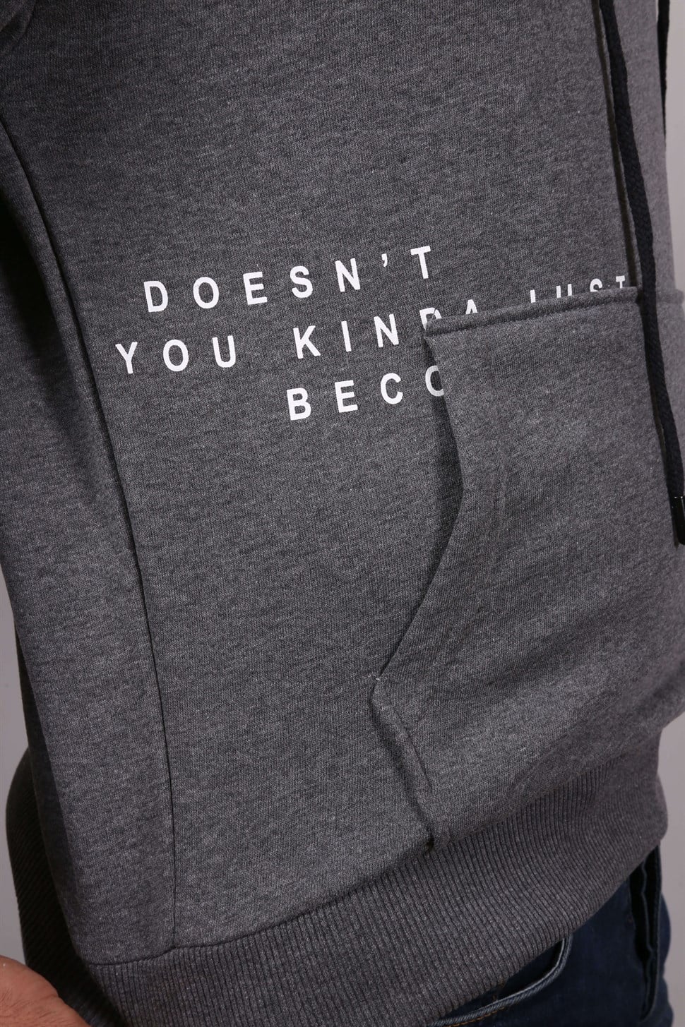 DERİ KAPŞONLU ÖN YAZILI YAZILI SWET GRİ