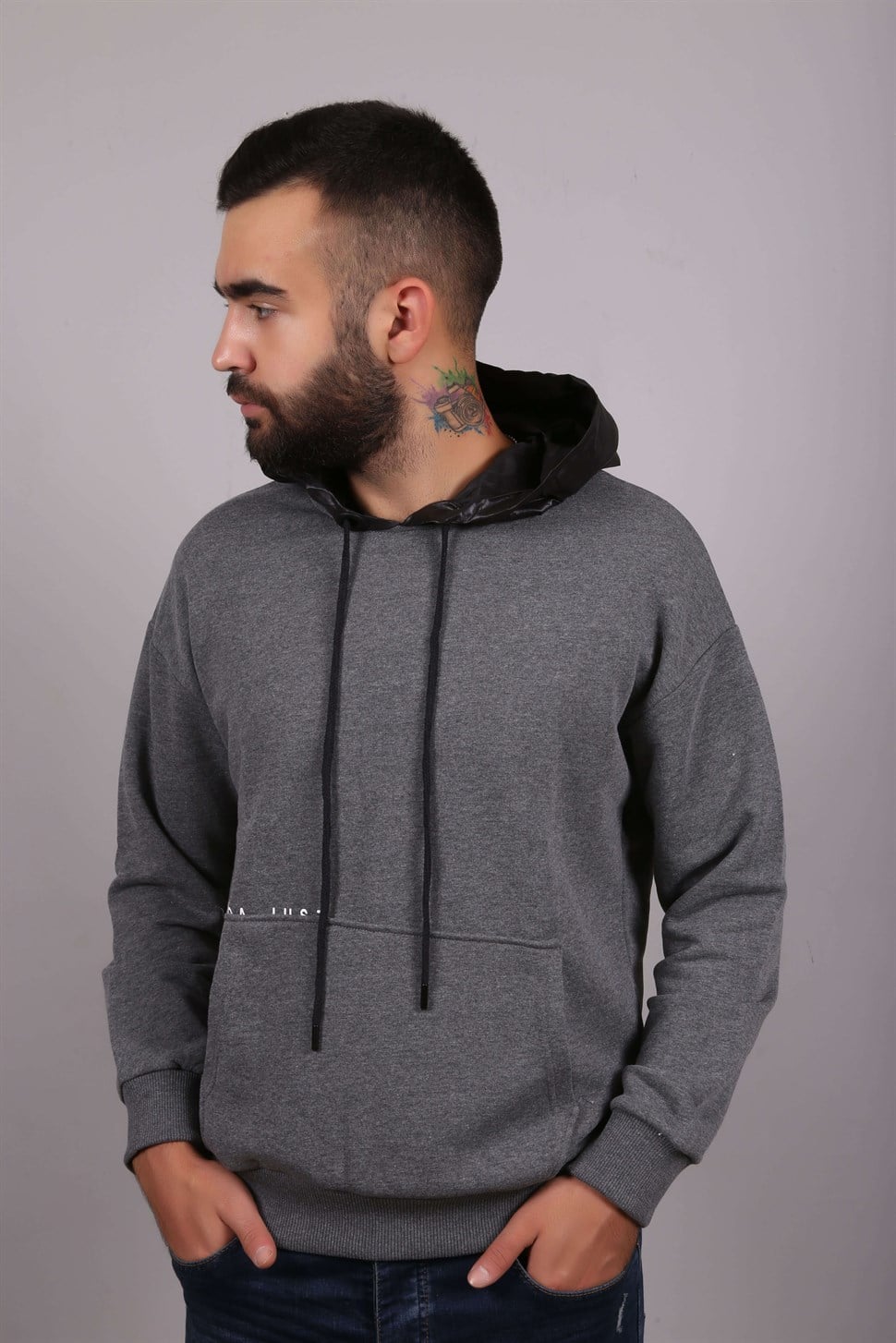 DERİ KAPŞONLU ÖN YAZILI YAZILI SWET GRİ