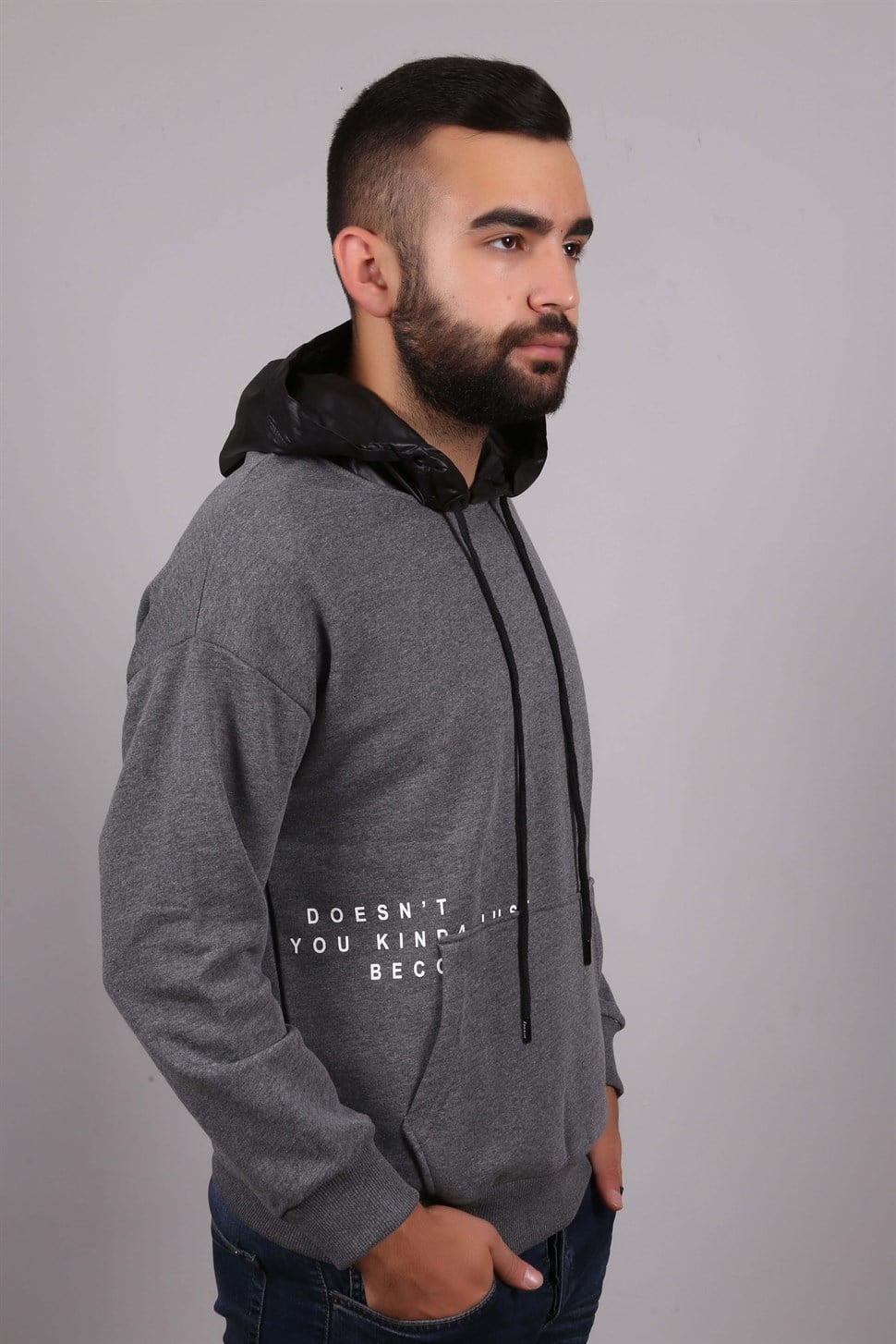 DERİ KAPŞONLU ÖN YAZILI YAZILI SWET GRİ