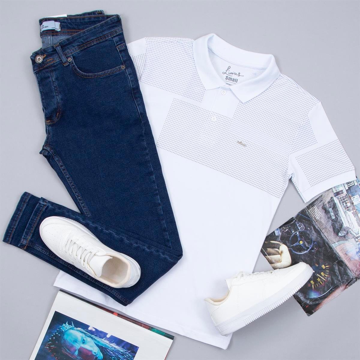 Desenli Polo Yaka Tişört Pantolon Ayakkabı Kombin