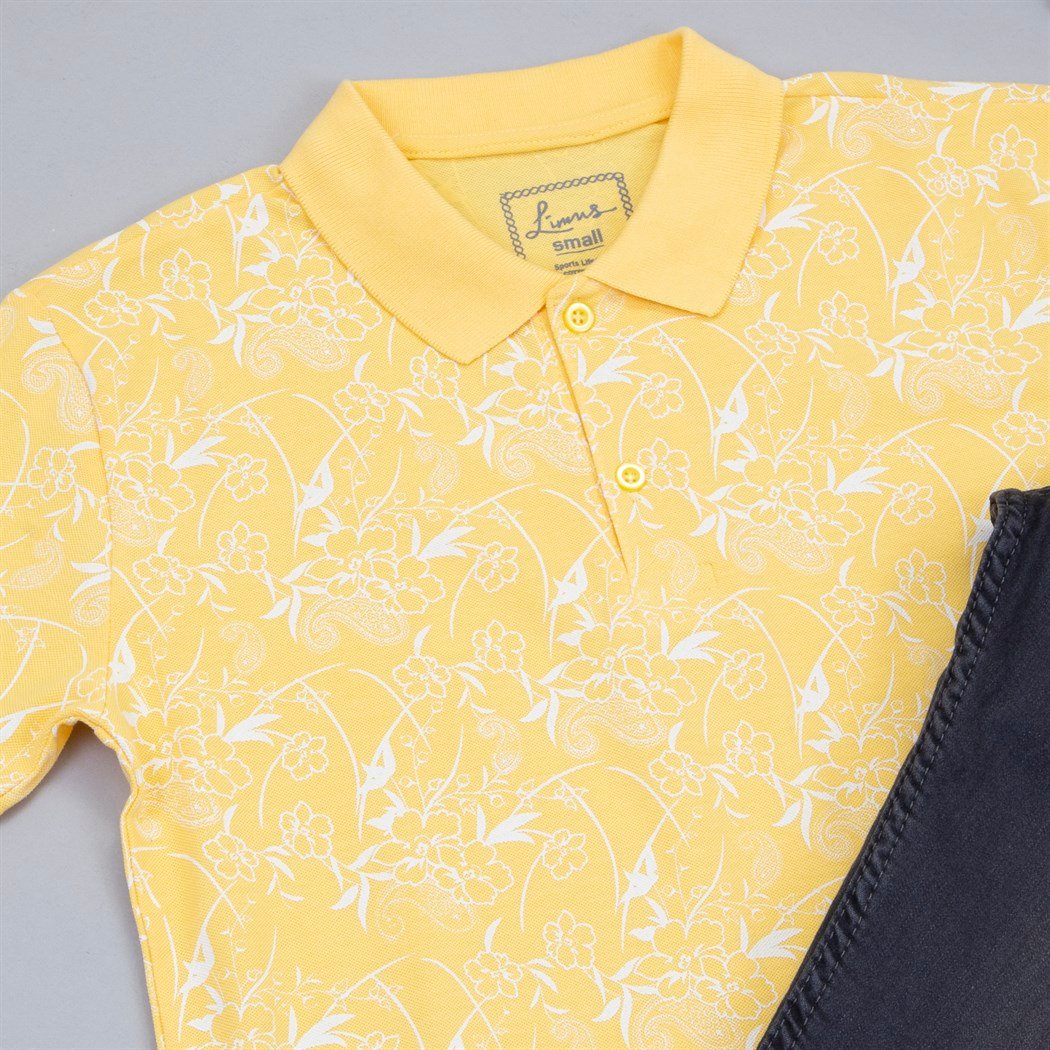 Desenli Sarı Polo Yaka Tişört Pantolon Ayakkabı Kombin