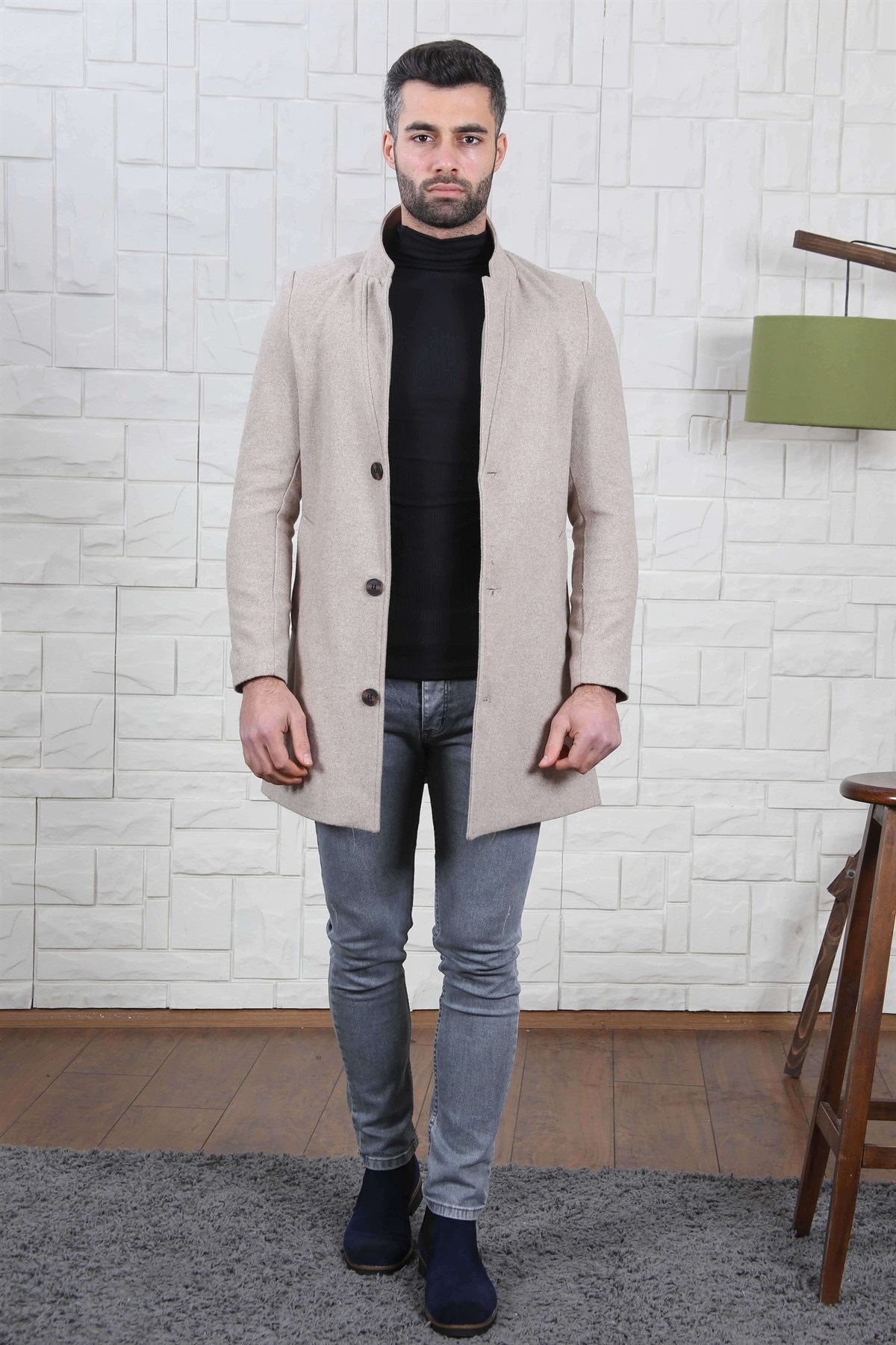 DİK YAKA KAŞE ERKEK KABAN BEJ