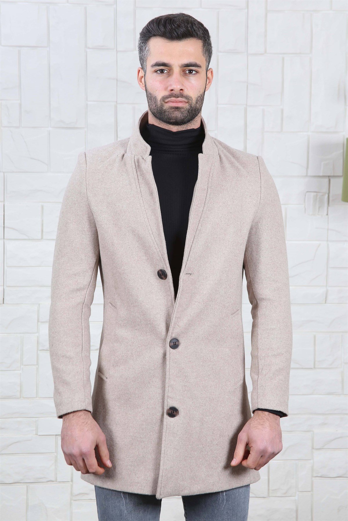 DİK YAKA KAŞE ERKEK KABAN BEJ