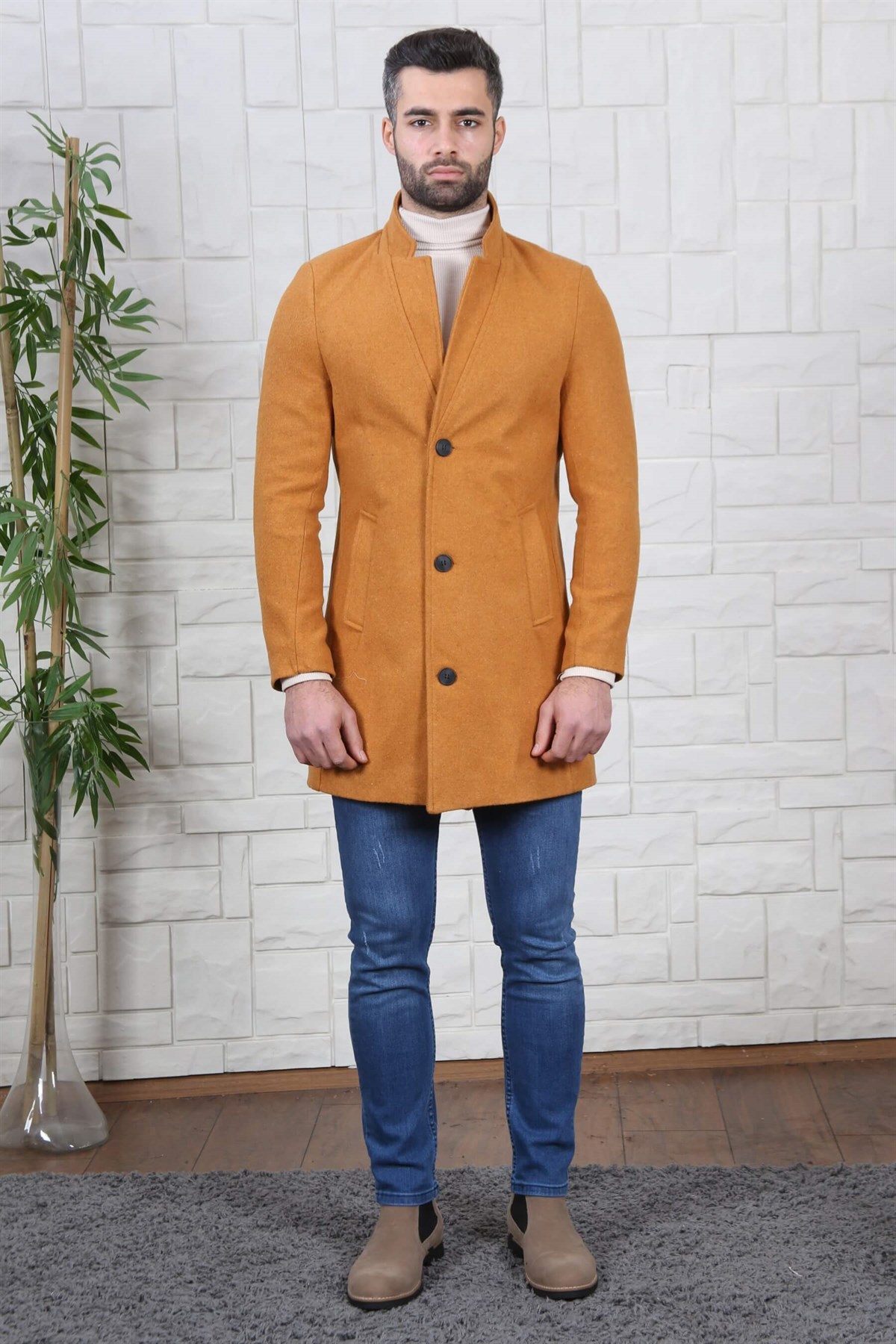 DİK YAKA KAŞE ERKEK KABAN CAMEL