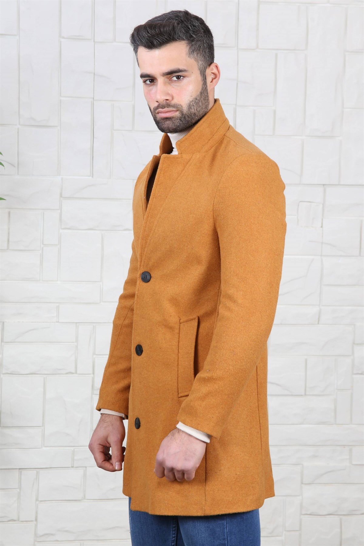 DİK YAKA KAŞE ERKEK KABAN CAMEL