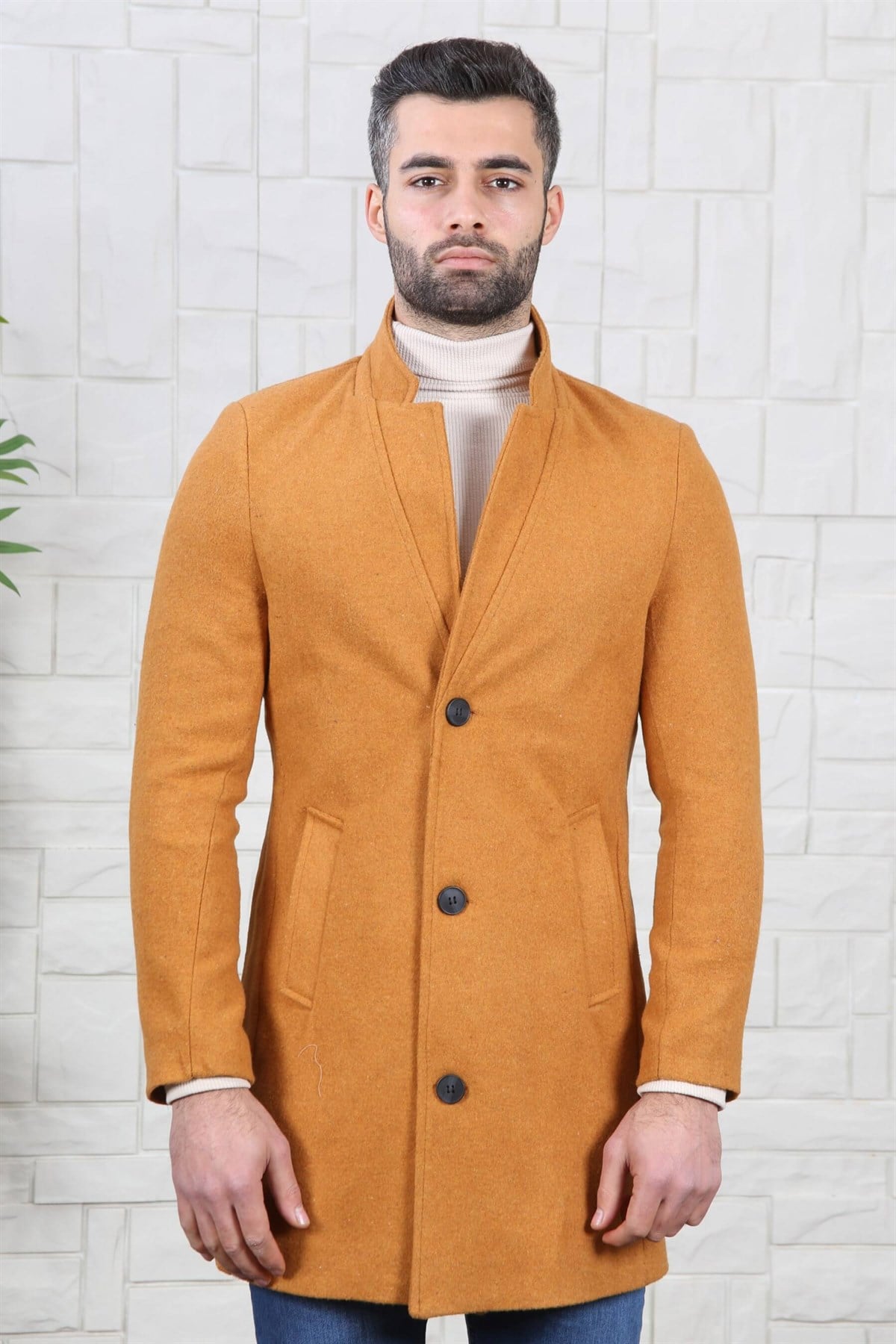 DİK YAKA KAŞE ERKEK KABAN CAMEL