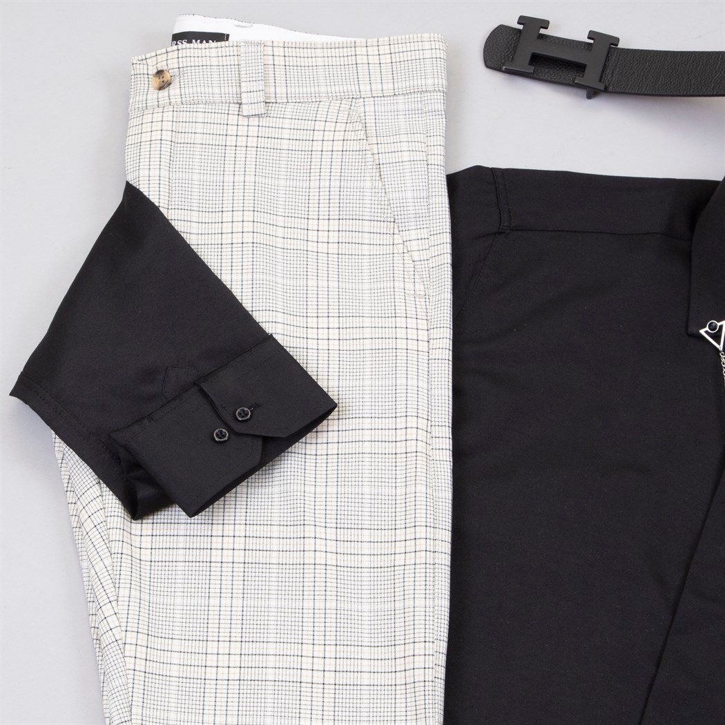 Ekose Bej Pantolon Gömlek Ayakkabı Kombin