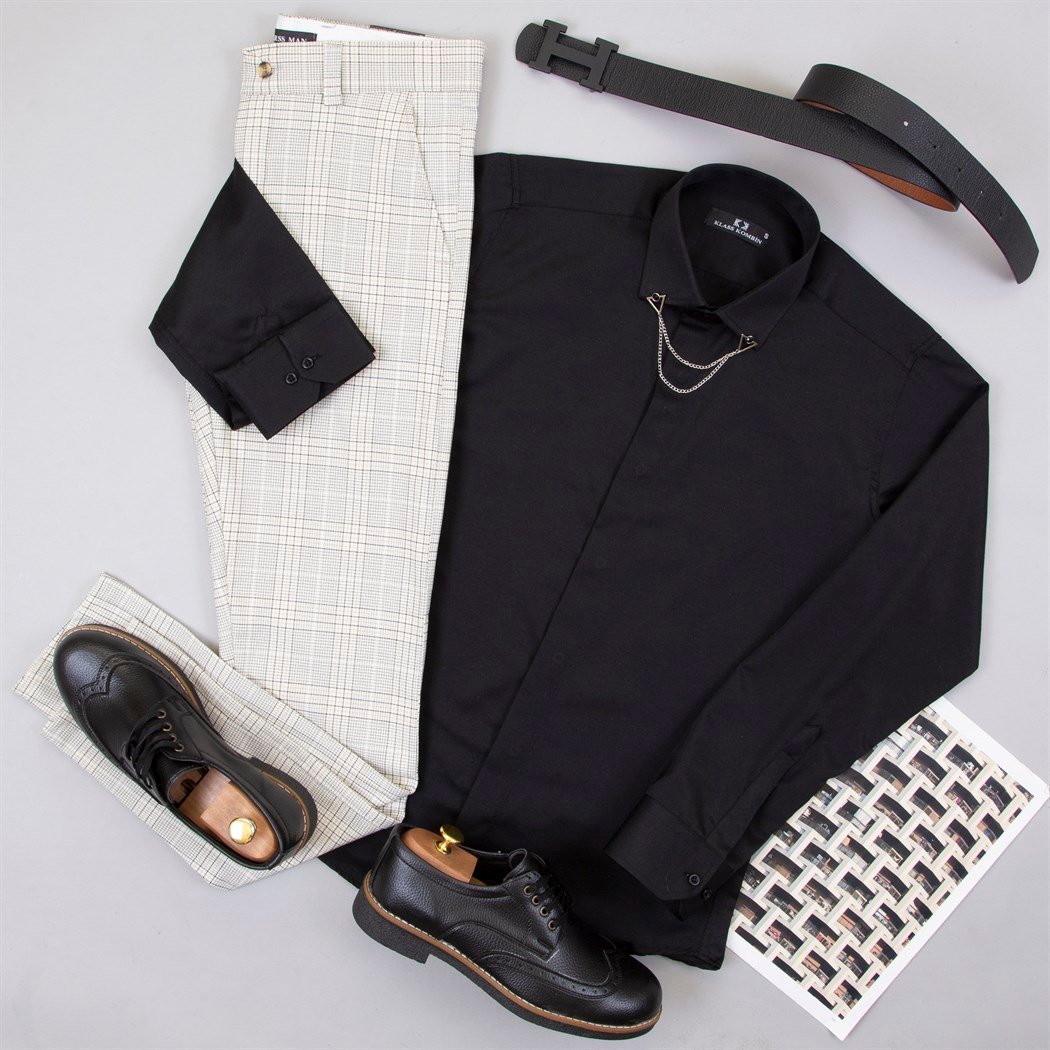 Ekose Bej Pantolon Gömlek Ayakkabı Kombin