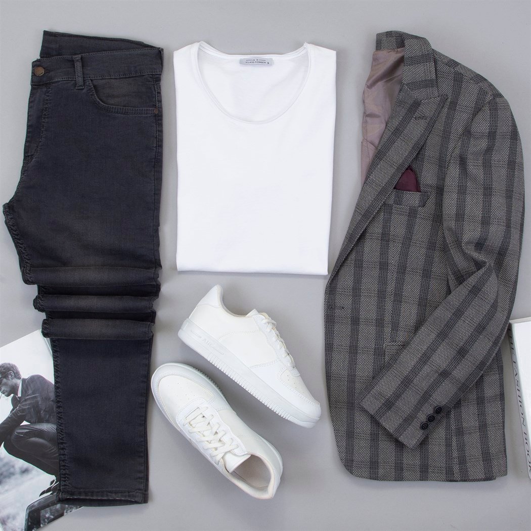 Ekose Blazer Ceket Tişört Pantolon Ayakkabı Kombin