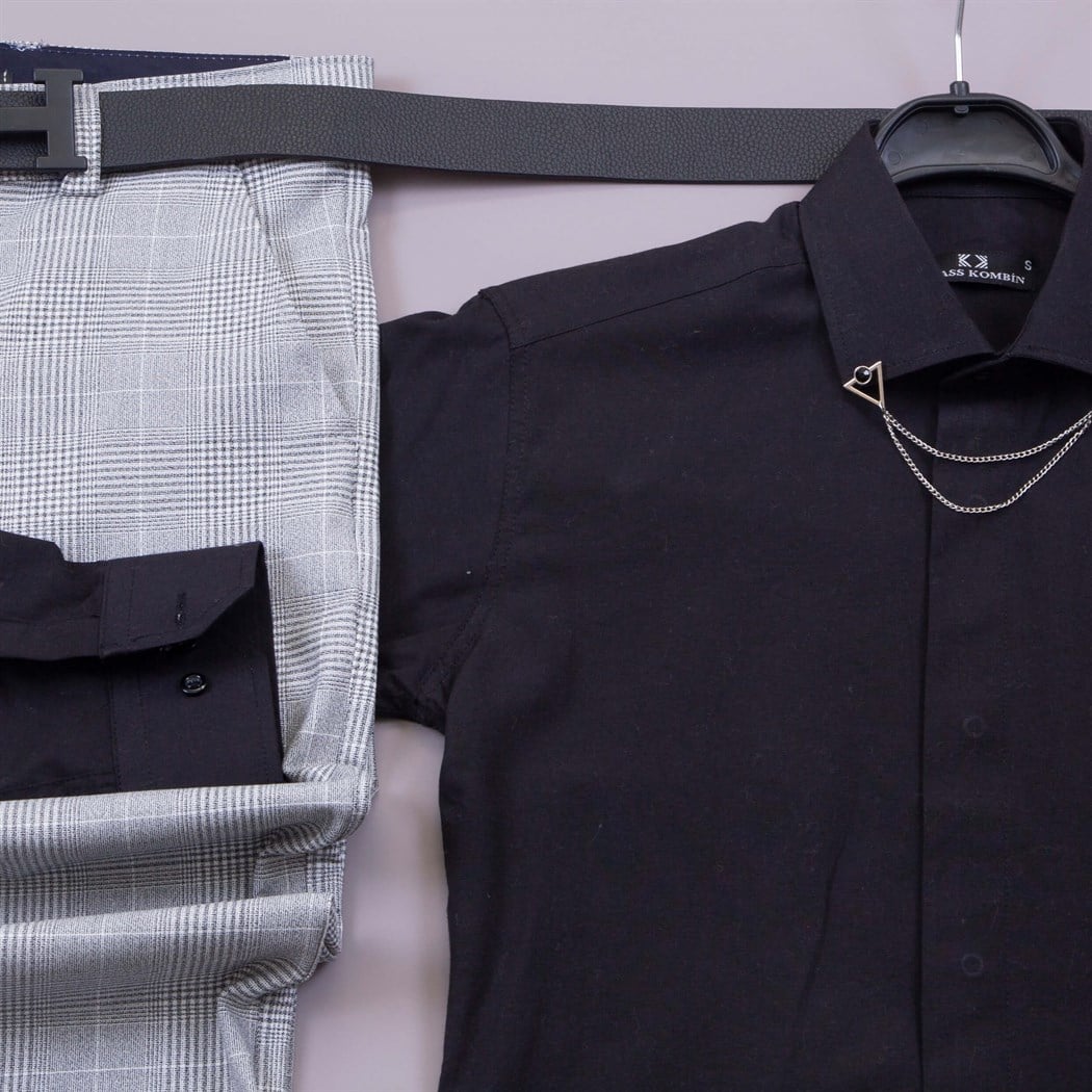 Ekose gri pantolon gömlek ayakkabı  kombini