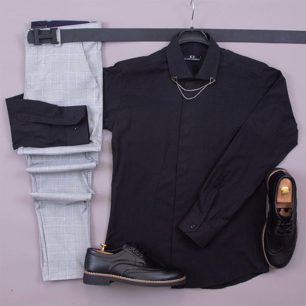 Ekose gri pantolon gömlek ayakkabı  kombini