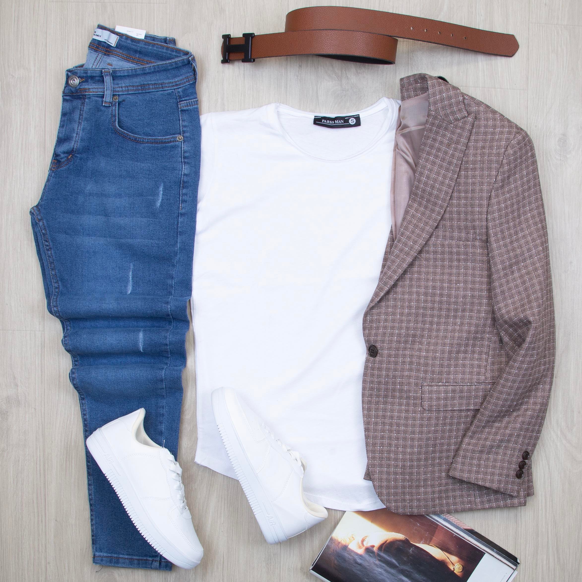 Ekose Kahve Blazer Ceket Tişört Pantolon Ayakkabı Kombin