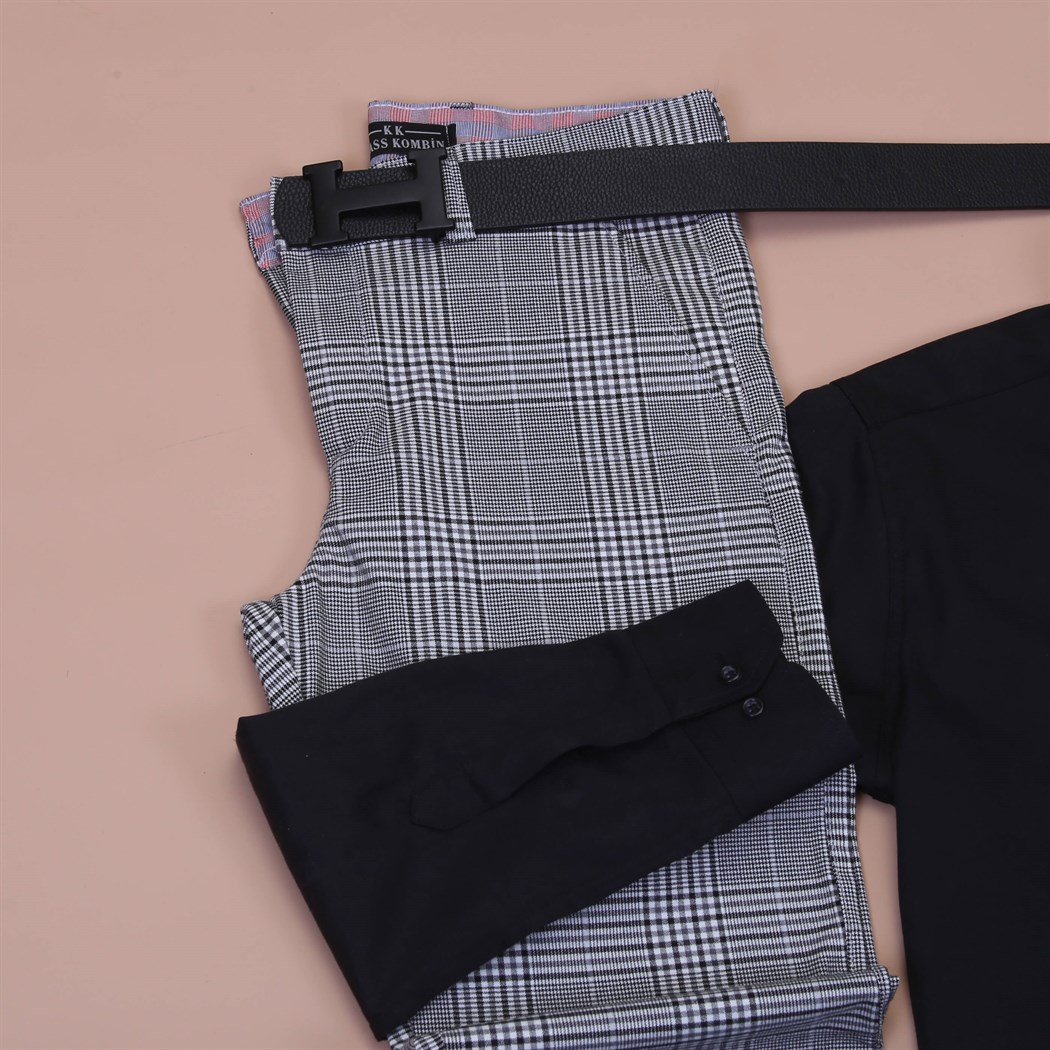 Ekose Pantolon Siyah Gömlek Ayakkabı Kombini