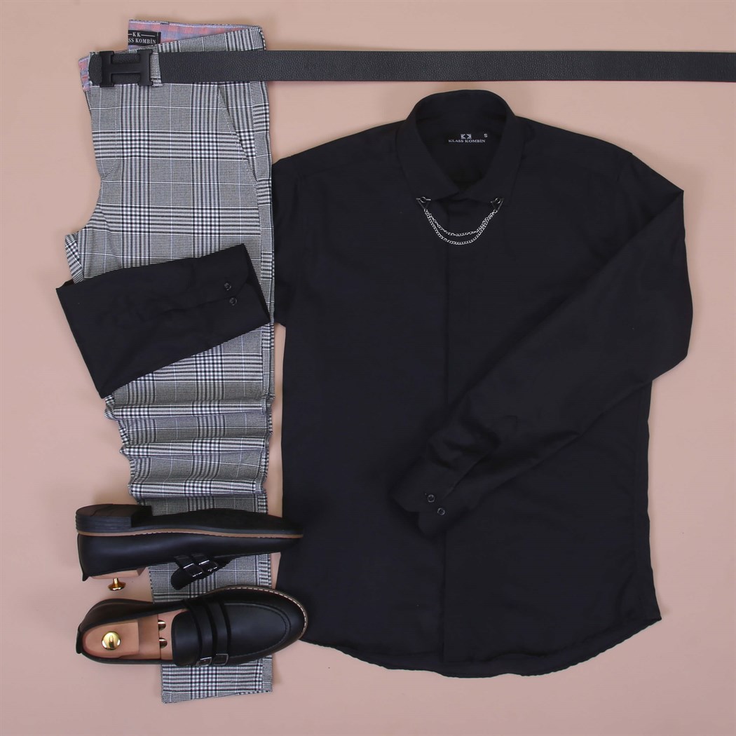 Ekose Pantolon Siyah Gömlek Ayakkabı Kombini