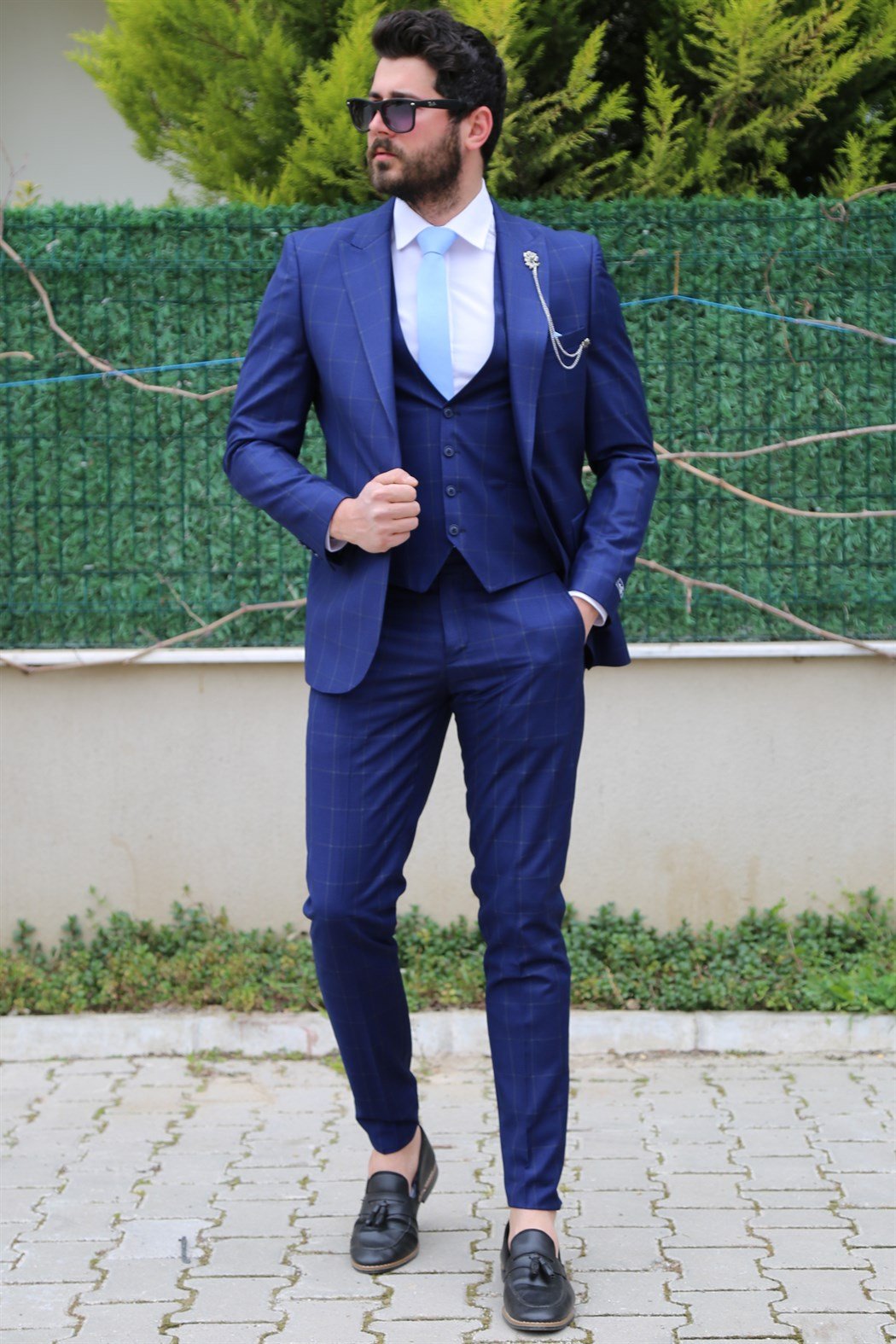 Ekoseli Lacivert Takım Elbise