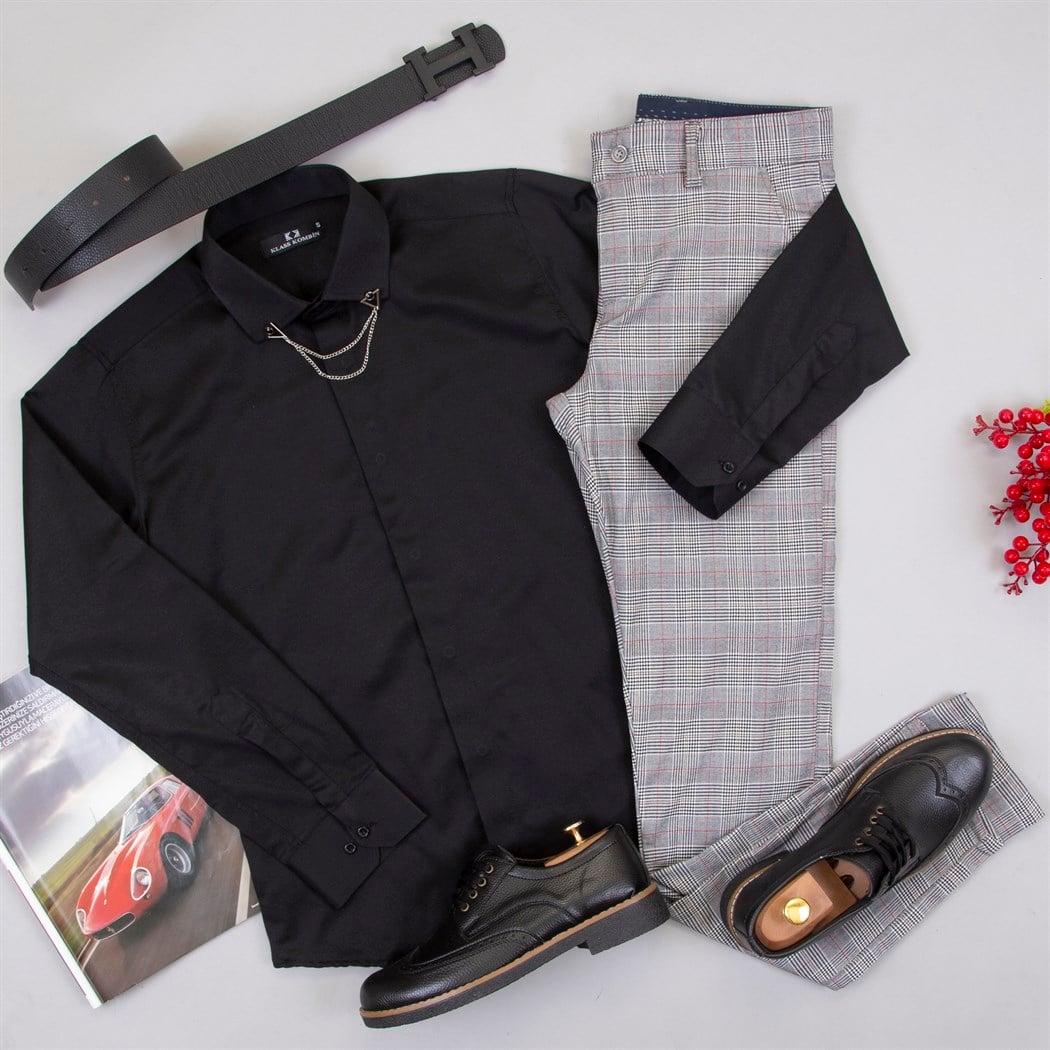 Ekoseli Pantolon Gömlek Ayakkabı Kombini 