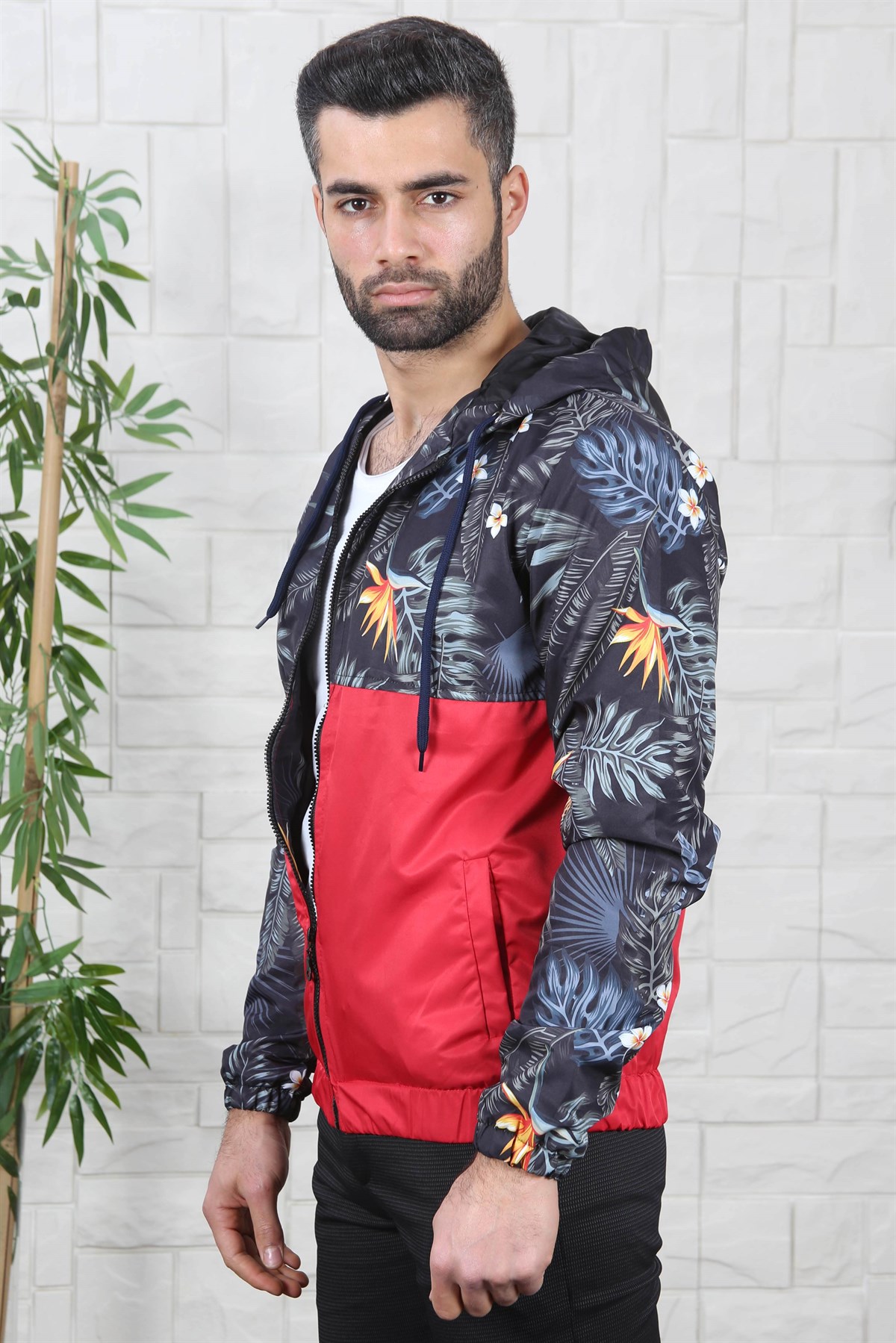 ERKEK ÇİÇEK DESEN KAPŞONLU ERKEK MEVSİMLİK MONT KIRMIZI KIRMIZI