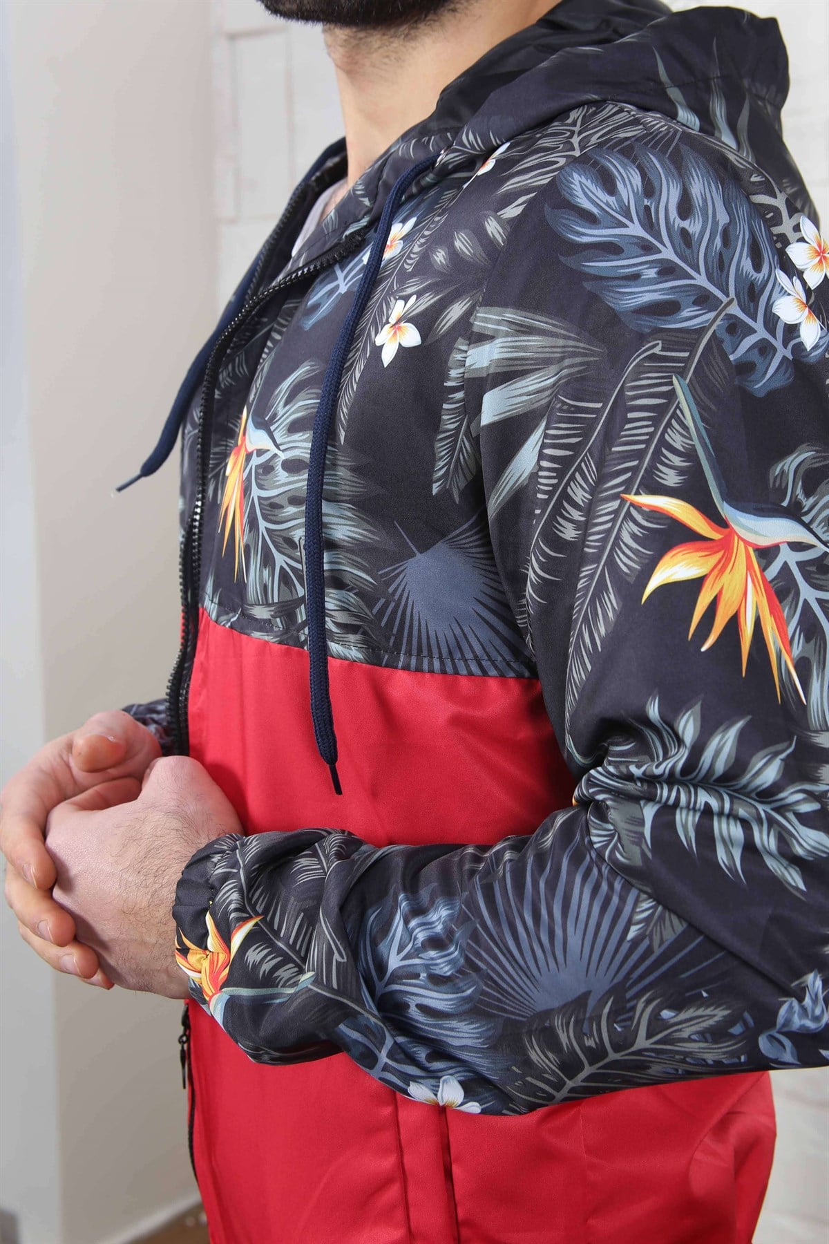 ERKEK ÇİÇEK DESEN KAPŞONLU ERKEK MEVSİMLİK MONT KIRMIZI KIRMIZI