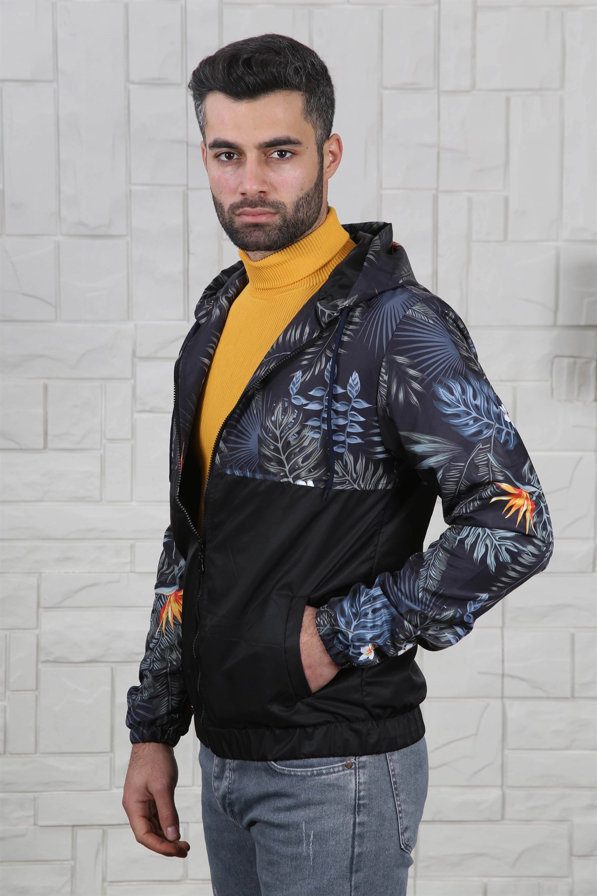 ERKEK ÇİÇEK DESEN KAPŞONLU ERKEK MEVSİMLİK MONT SİYAH SİYAH