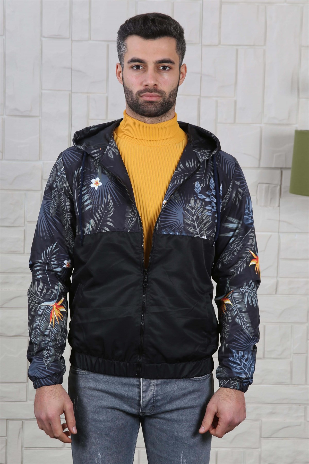 ERKEK ÇİÇEK DESEN KAPŞONLU ERKEK MEVSİMLİK MONT SİYAH SİYAH