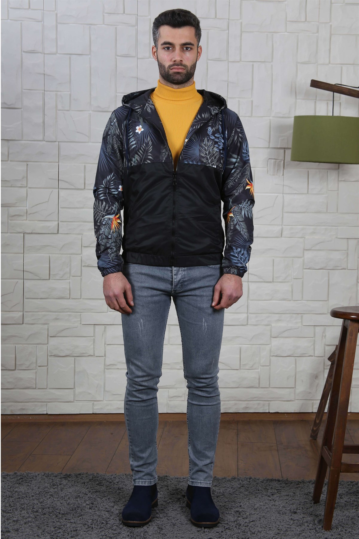 ERKEK ÇİÇEK DESEN KAPŞONLU ERKEK MEVSİMLİK MONT SİYAH SİYAH