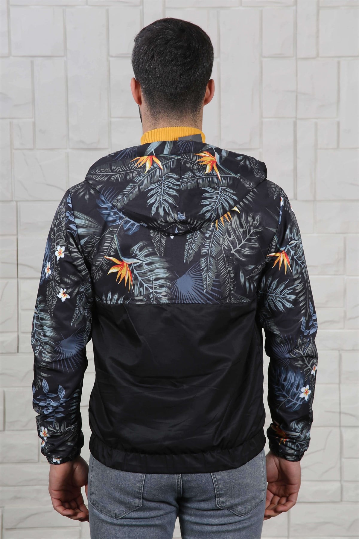 ERKEK ÇİÇEK DESEN KAPŞONLU ERKEK MEVSİMLİK MONT SİYAH SİYAH